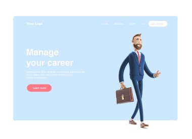3d illüstrasyon. İşadamı Billy bir davayla yürüyor. Web banner, başlangıç sitesi sayfası, infographics, yönetici kavramı.