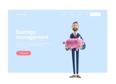 3d illüstrasyon. Kumbaralı yakışıklı bir işadamının portresi. Güvenli para depolama konsepti. Web banner, başlangıç sitesi sayfası, infographics.