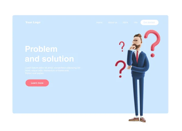 3D illusztráció. Az üzletember Billy keres megoldást. Web Banner, Start site oldal, infographics, probléma-és megoldás koncepció. — Stock Fotó