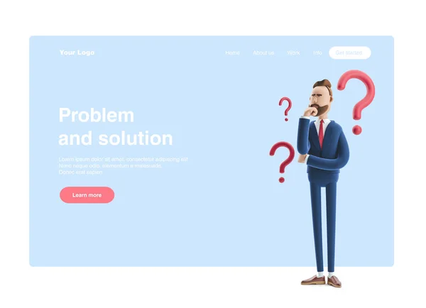 3d иллюстрация. Бизнесмен Билли ищет решение. Веб-баннер, стартовая страница сайта, инфографика, концепция проблемы и решения . — стоковое фото
