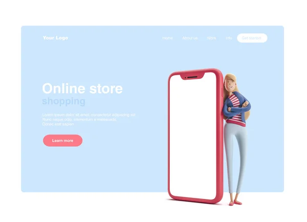 3D-illustration. Ung affärskvinna Emma stående med stor telefonerna på en blå bakgrund. Webbbanner, Startsida sida, Infographics, online shopping koncept. — Stockfoto