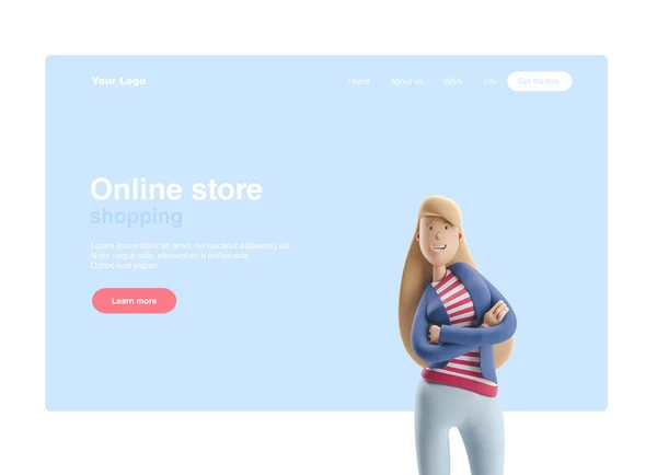 Ilustración 3d. Joven mujer de negocios Emma de pie sobre un fondo azul. Banner web, página de inicio del sitio, infografías, concepto . — Foto de Stock
