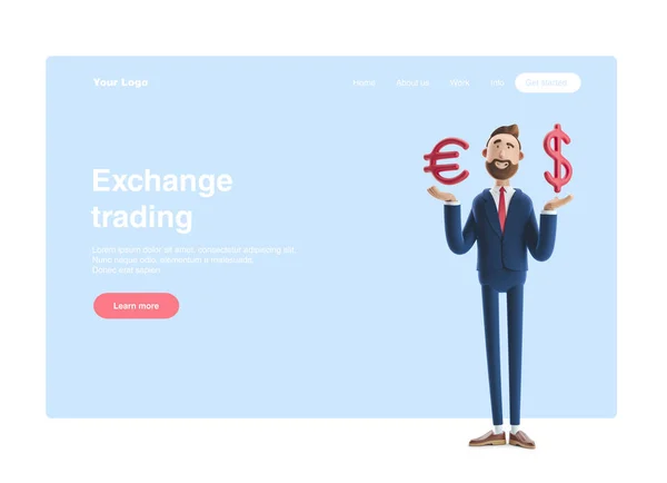 3d illustration. Businessman Billy with big euro and dollar sign. Web banner, start site page, infographics,  exchange trading concept. — Stock Fotó