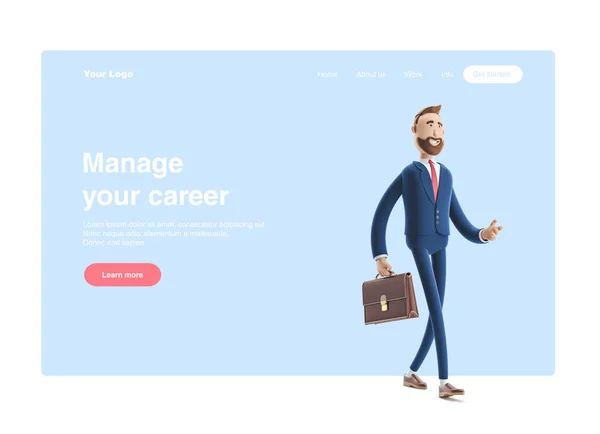 3D-Illustration.Geschäftsmann Billy mit einem Koffer zu Fuß. Web-Banner, Startseite, Infografiken, Managerkonzept. — Stockfoto