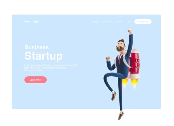 3d illustration. Businessman Billy flying on a rocket Jetpack up. Concept of  business startup, launching of a new company. Web banner, start site page, infographics, concept.