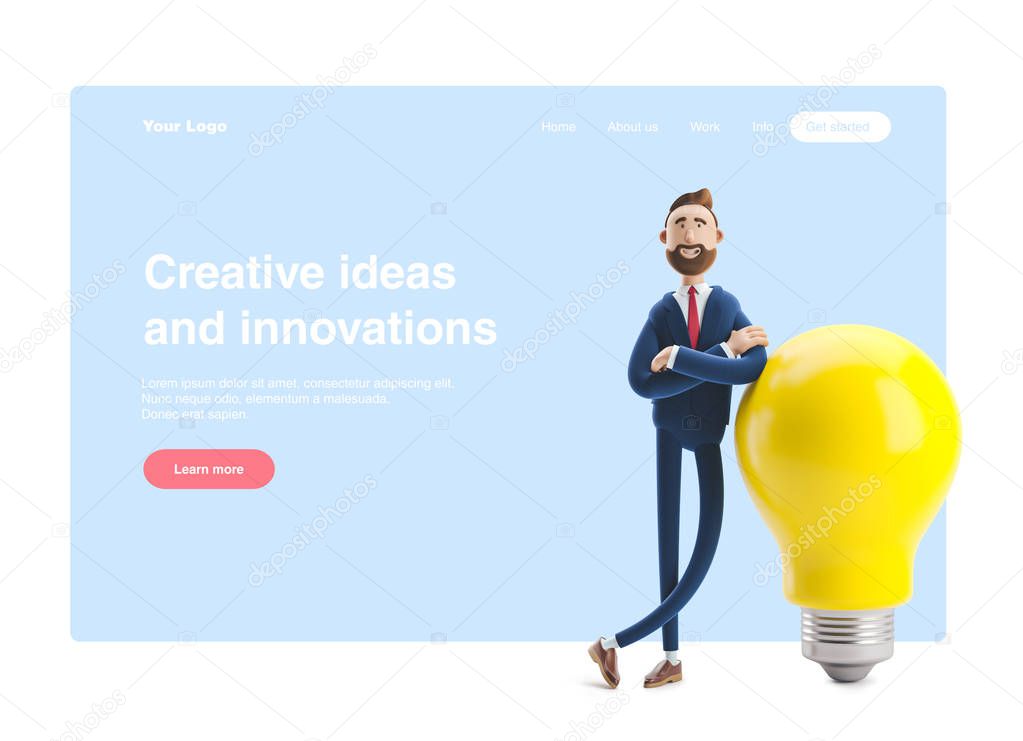 3d illustration. Businessman Billy with yellow bulb. Innovation and inspiration concept. Web banner, start site page, infographics.
