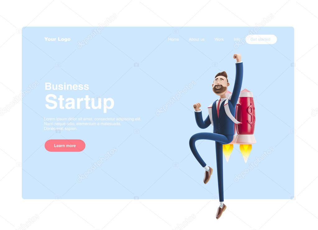 3d illustration. Businessman Billy flying on a rocket Jetpack up. Concept of  business startup, launching of a new company. Web banner, start site page, infographics, concept.