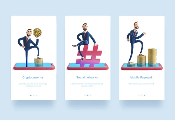 Illustration set. 3d illustration. Businessman Billy sitting on a hashtag icon. The concept of social media. Businessman Billy with bitcoin.