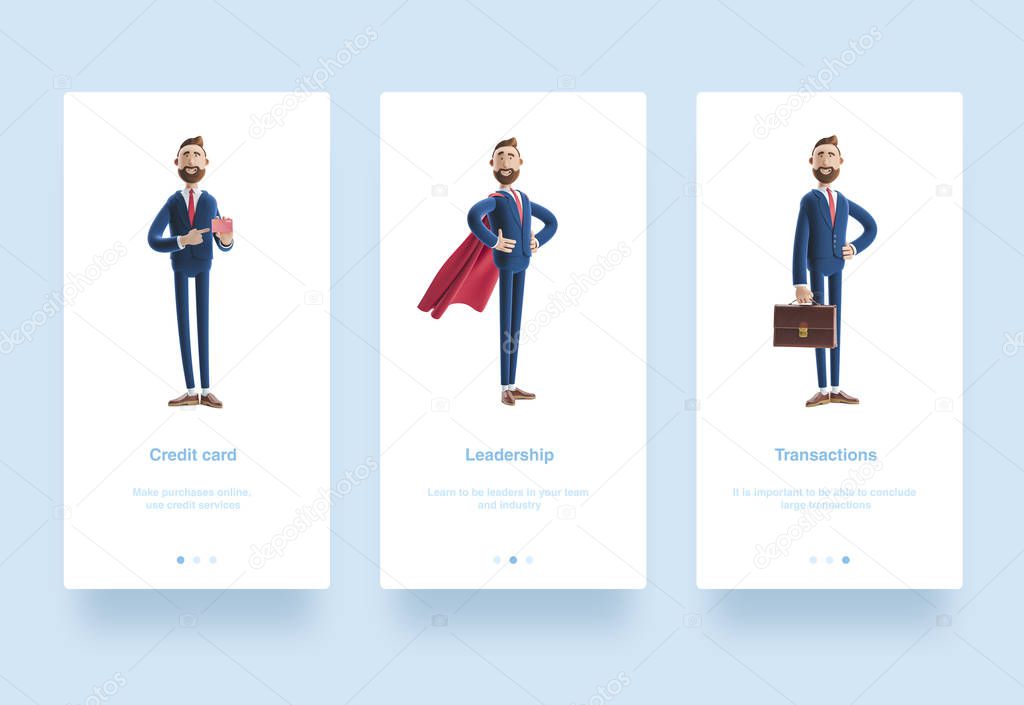 Illustration set. 3d illustration. Portrait of a handsome businessman Billy stand with case. Businessman Billy clothed like a superhero. cartoon character smile and holding credit card.