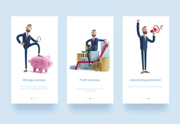 3d Illustration set. Businessman Billy goes to success. Concept of financial growth. Dashboard with the analysis of finance.