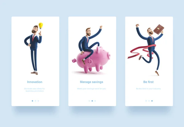 İllüstrasyon seti. 3d illüstrasyon. İşadamı Billy yarışmayı kazanıyor. Başarılı bir iş adamı. kumbara ile işadamı.