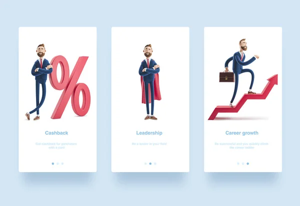 3d Illustration set. Businessman Billy goes to success. Concept of financial growth.  Businessman Billy and big percent icon. Concept business interest rate. Billy clothed like a superhero.