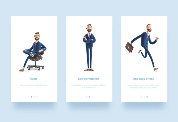 Conjunto de ilustración. 3d illustration.Businessman Billy con un caso en marcha. Retrato de un apuesto personaje de dibujos animados . — Foto de Stock