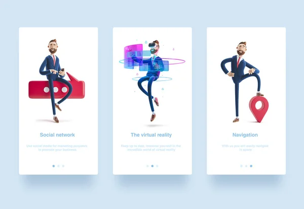 Illustratie instellen. 3D-illustratie. Zakenman Billy gebruikt Virtual Reality-brillen en ontroerende VR-interface. Portret van een knappe zakenman en kaart PIN. — Stockfoto