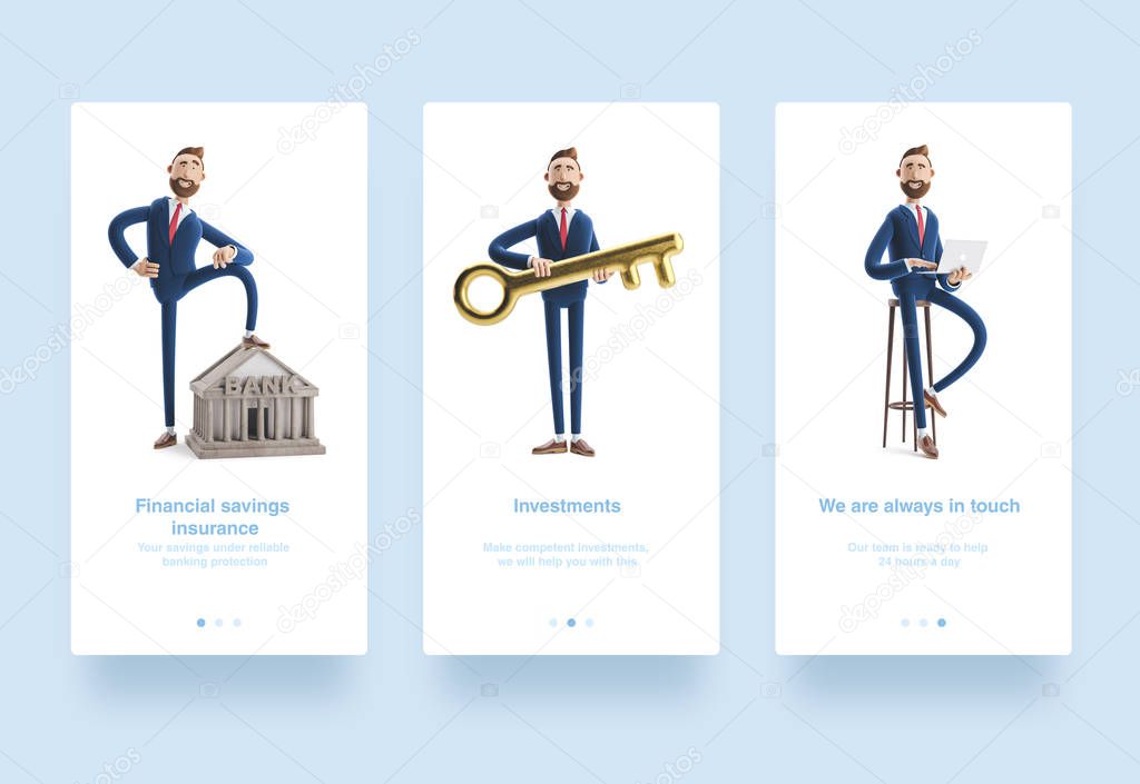 Illustration set. 3d illustration. Portrait of a handsome businessman with laptop. Portrait of a handsome cartoon character with bank building. Banking concept. Billy with golden key.