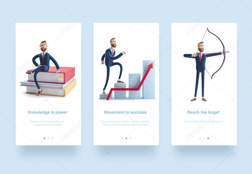 3d Illustration set. Concept of financial growth. Dashboard with the analysis of finance. businessman Billy aiming with bow and arrow. The concept of business education.