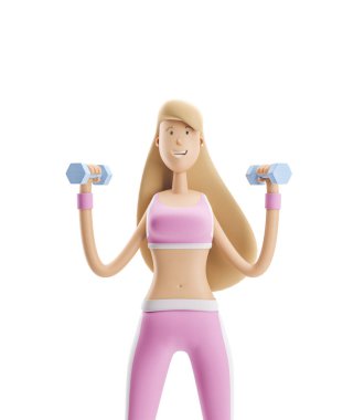 Dambıllarla egzersiz yapan kız. Yoga, spor ve fitness konsepti. Çizgi film kız karakteri. 3d illüstrasyon.
