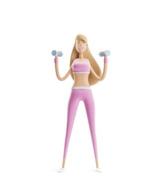 Dambıllarla egzersiz yapan kız. Yoga, spor ve fitness konsepti. Çizgi film kız karakteri. 3d illüstrasyon.