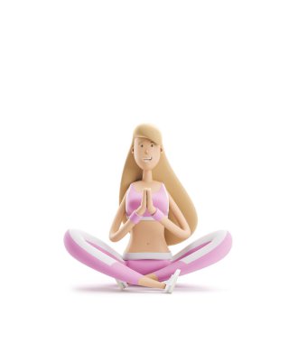 Nilüfer pozisyonunda oturan kız. Yoga, spor ve fitness konsepti. Çizgi film kız karakteri. 3d illüstrasyon.