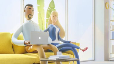 İş adamları ofisteki kanepede çalışırlar. Modern ofis. 3d illüstrasyon. Çizgi film karakterleri. İş takım çalışması konsepti. 