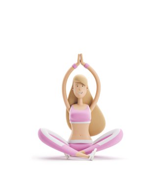 Nilüfer pozisyonunda oturan kız. Yoga, spor ve fitness konsepti. Çizgi film kız karakteri. 3d illüstrasyon.