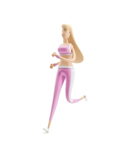 Спортивна дівчина працює пробіжки. Концепція йоги, спорту та фітнесу. Мультиплікаційний персонаж дівчини. 3D ілюстрація. — стокове фото
