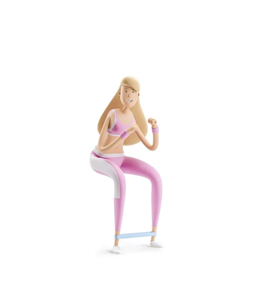 Ragazza che fa esercizi con elastico. Yoga, sport e fitness concept. Cartoon girl personaggio. Illustrazione 3d .. — Foto Stock