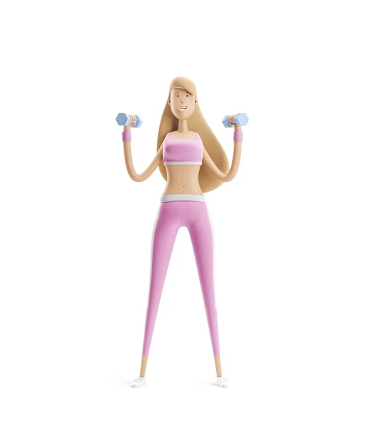 Girl doing exercise with dumbbells. Yoga, sport and fitness concept. Cartoon girl character. 3d illustration. — Stock Photo, Image