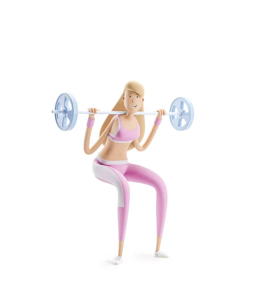 The girl raises the bar. Yoga, sport and fitness concept. Cartoon girl character. 3d illustration. — Stock Photo, Image