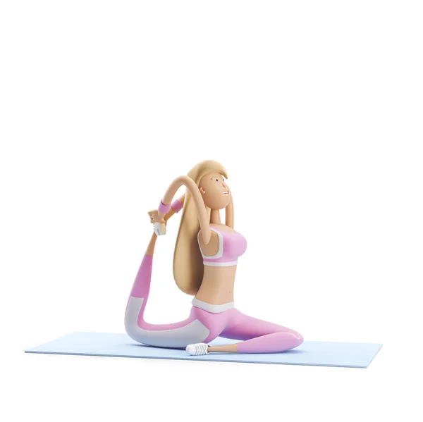 Ragazza fa esercizi sportivi. Yoga, sport e fitness concept. Cartoon girl personaggio. Illustrazione 3d . — Foto Stock