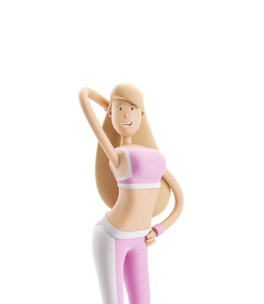 Linda chica deportiva en ropa rosa apretado. Concepto de yoga, deporte y fitness. Personaje de chica de dibujos animados. ilustración 3d . — Foto de Stock