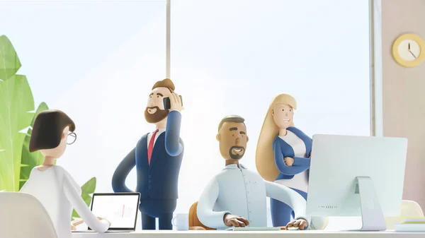 Koncept för kreativt team. Modernt kontor. 3D-illustration. Seriefigurer. Koncept för affärssamarbete. — Stockfoto