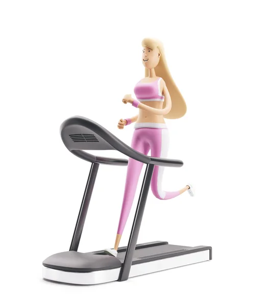 Дівчина працює на біговій доріжці. Концепція йоги, спорту та фітнесу. Мультиплікаційний персонаж дівчини. 3D ілюстрація. — стокове фото
