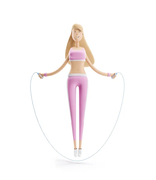 A girl jumps on a rope. Yoga, sport and fitness concept. Cartoon girl character. 3d illustration. — Stock Photo, Image