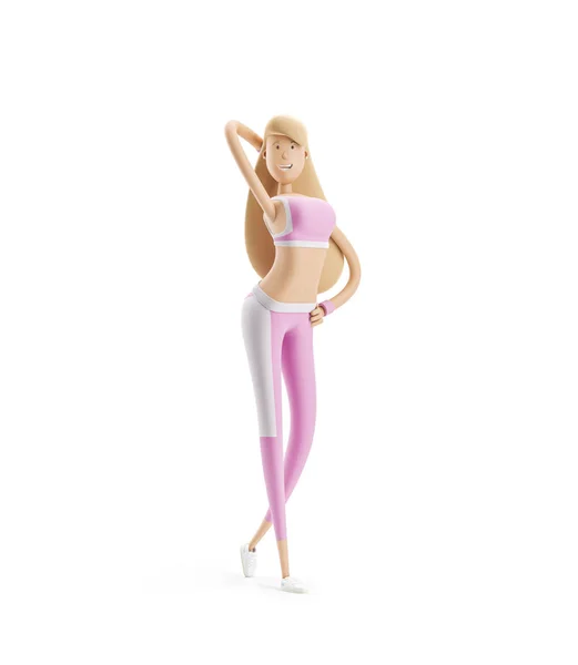 Urocza dziewczyna sportowa w ciasnych różowych ubraniach. Koncepcja jogi, sportu i fitnessu. Kreskówka dziewczyna charakter. ilustracja 3D. — Zdjęcie stockowe