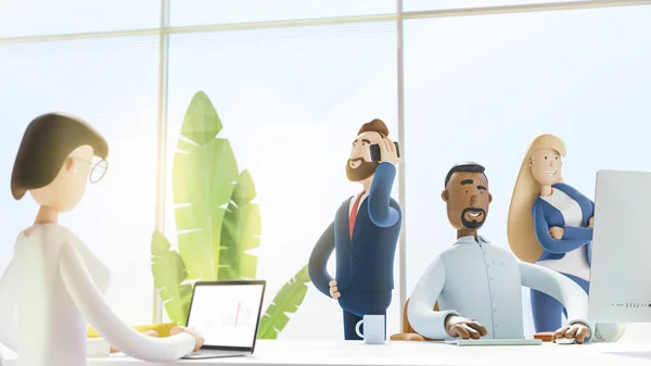 Konzept des kreativen Teams. modernes Büro. 3D-Illustration. Zeichentrickfiguren. Konzept der Teamarbeit. — Stockfoto