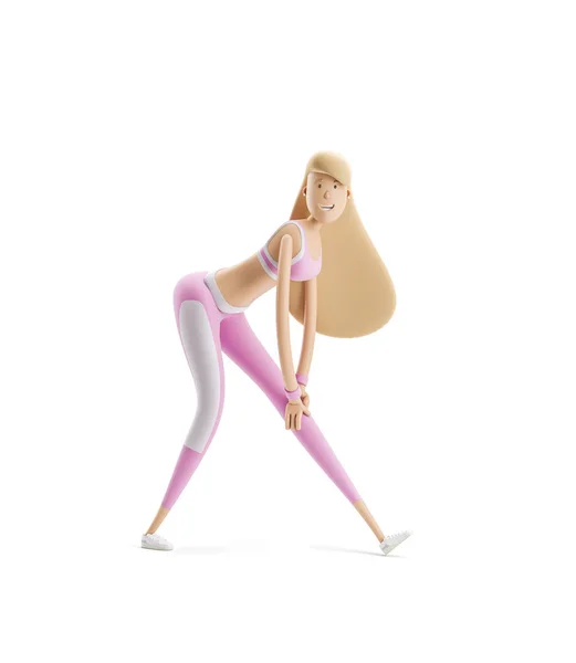 Flickan gör sport övningar. Yoga, sport och Fitness koncept. Tecknad flicka karaktär. 3D-illustration. — Stockfoto