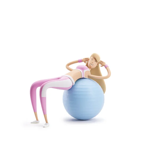 Дівчина з м'ячем аеробіки. Концепція йоги, спорту та фітнесу. Мультиплікаційний персонаж дівчини. 3D ілюстрація. — стокове фото