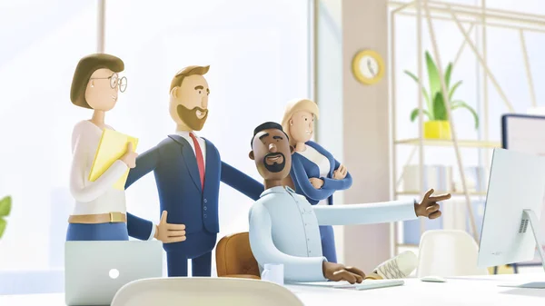 A team of employees works on the computer. Modern office. 3d illustration.  Cartoon characters. Business teamwork concept.