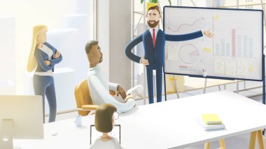 Ofiste çalışanlarla seminer iş konferansı, yeni strateji planlama. 3d illüstrasyon. Çizgi film karakterleri. İş takım çalışması konsepti. 