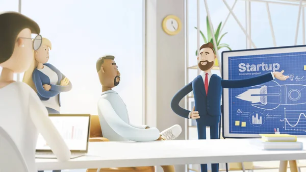 Konzept des kreativen Teams. modernes Büro. 3D-Illustration. Zeichentrickfiguren. Die Menschen arbeiten im Team und erreichen das Ziel. Startup-Konzept. — Stockfoto