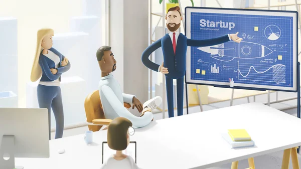 Concept of creative team. Modern office. 3d illustration.  Cartoon characters. People work in a team and achieve the goal. Startup concept. — Stock Photo, Image