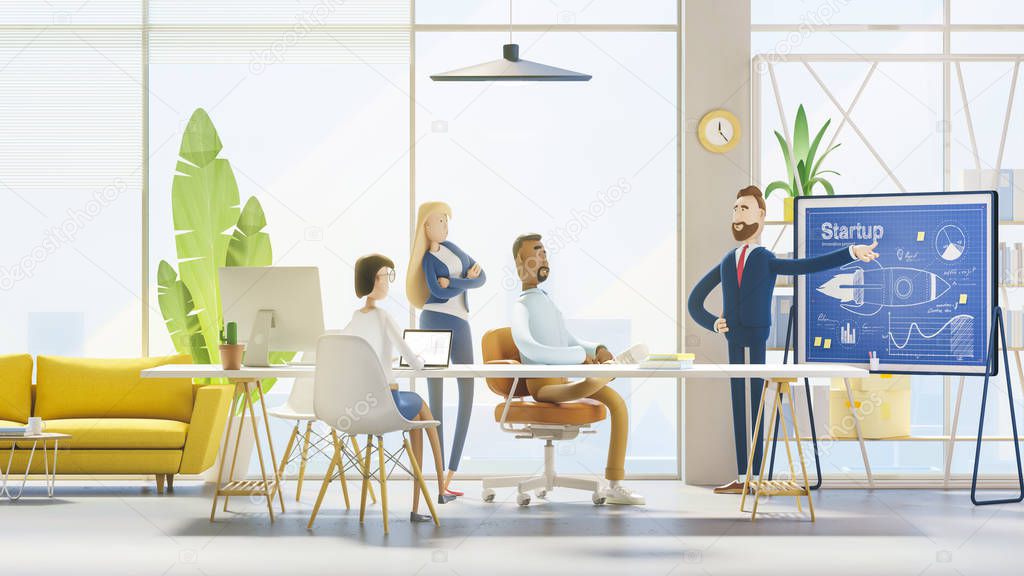 Concept of creative team. Modern office. 3d illustration.  Cartoon characters. People work in a team and achieve the goal. Startup concept.