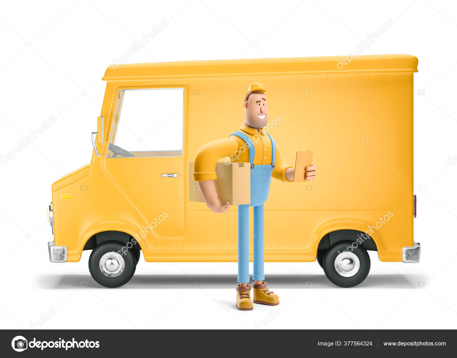 Truck delivery service and transportation. 3d illustration. Cartoon yellow  car with driver character. Stock Photo by ©bestpixels 377564324