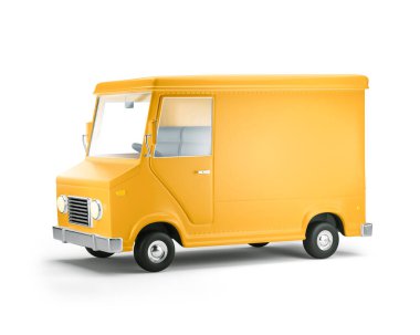 Kamyon teslimat ve ulaşım. 3 boyutlu illüstrasyon. Çizgi film sarı arabası..