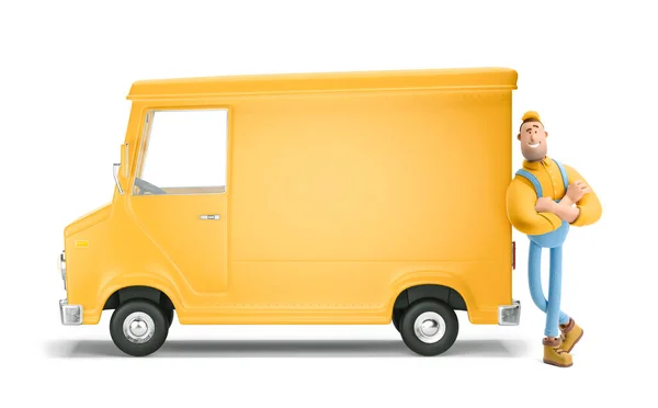 Servicio de entrega de camiones y transporte. Ilustración 3d. Coche amarillo de dibujos animados con carácter de conductor . —  Fotos de Stock
