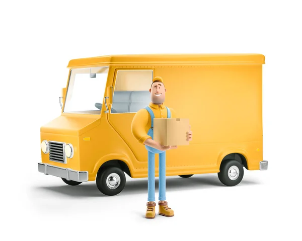 Доставка и транспортировка грузовиков. 3d иллюстрация. Мультфильм желтый автомобиль с характером водителя . — стоковое фото