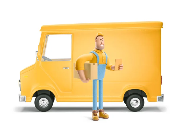 Truck delivery service and transportation. 3d illustration. Cartoon yellow car with driver character. — Stock Photo, Image