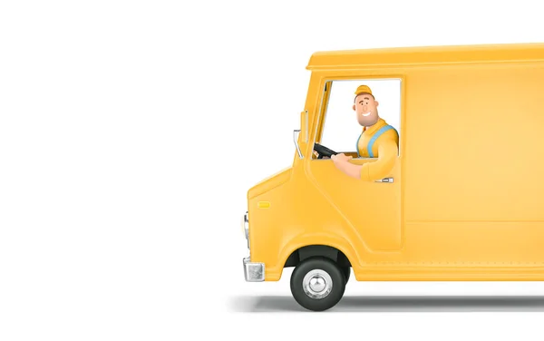 Teherautó futárszolgálat és szállítás. 3D illusztráció. Rajzfilm sárga autó vezető karakter. — Stock Fotó