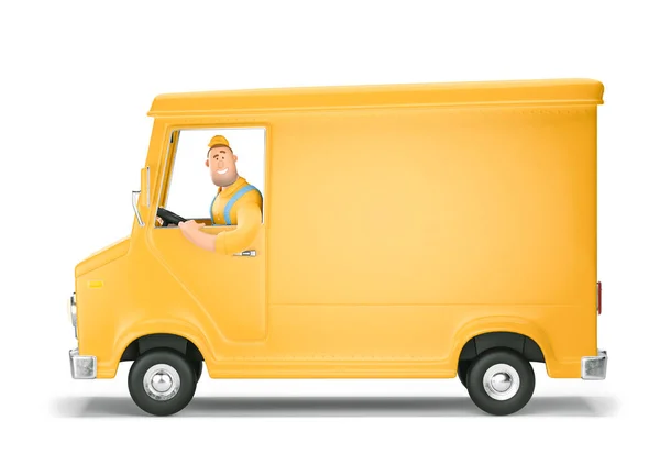 Servizio di consegna camion e trasporto. Illustrazione 3d. Cartoni animati auto gialla con conducente personaggio . — Foto Stock